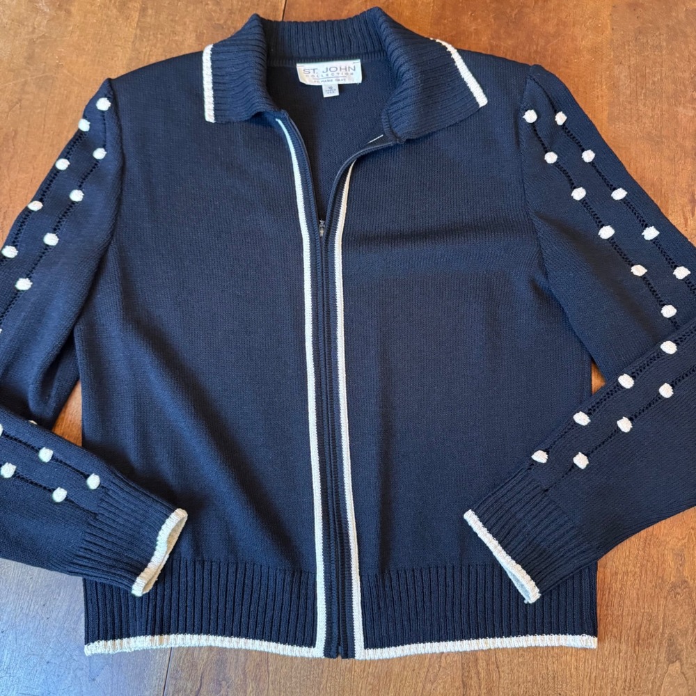 St. John Cardigan Women 10 Black Zip‎ Front Marie Gray White Pom Pom Sleeve Knit